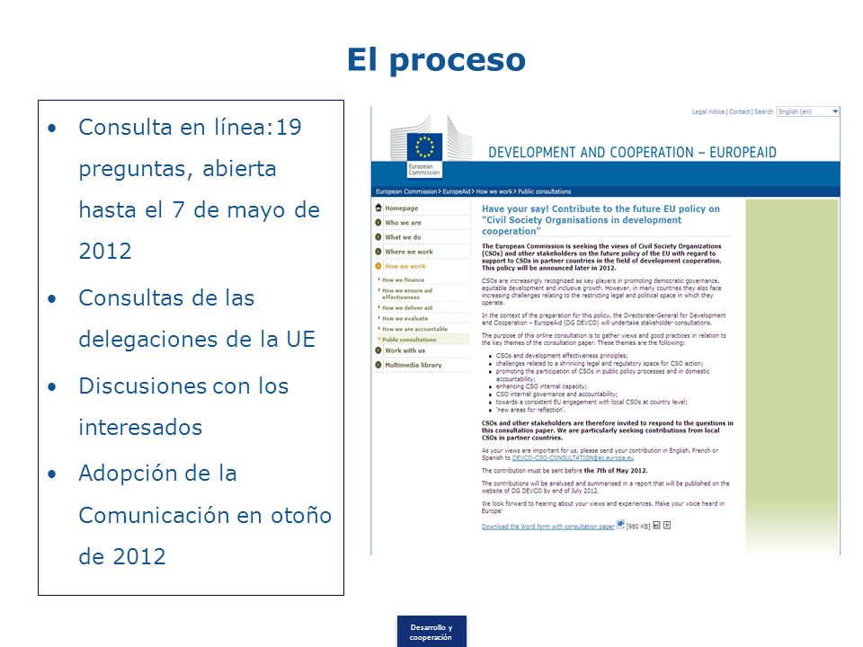 Desarrollo y cooperación El proceso Consulta en línea:19 preguntas, abierta hasta el 7 de mayo de 2012 Consultas de las delegaciones de la UE Discusiones con los interesados Adopción de la Comunicación en otoño de 2012