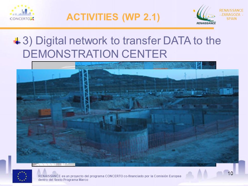 RENAISSANCE es un proyecto del programa CONCERTO co-financiado por la Comisión Europea dentro del Sexto Programa Marco RENAISSANCE - ZARAGOZA - SPAIN 10 ACTIVITIES (WP 2.1) 3) Digital network to transfer DATA to the DEMONSTRATION CENTER