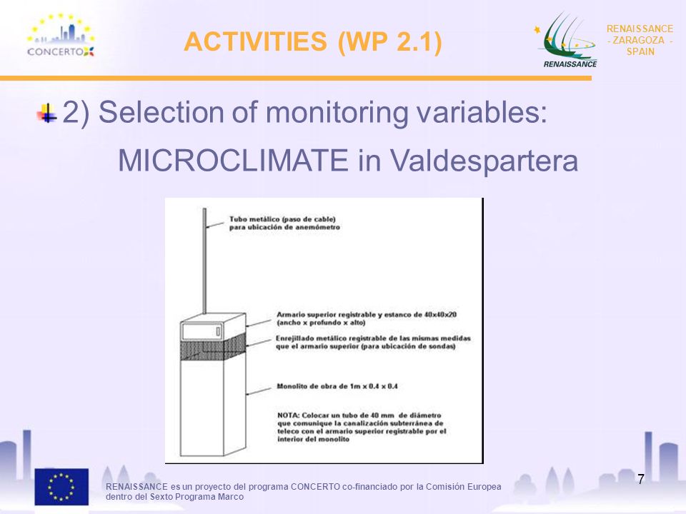 RENAISSANCE es un proyecto del programa CONCERTO co-financiado por la Comisión Europea dentro del Sexto Programa Marco RENAISSANCE - ZARAGOZA - SPAIN 7 ACTIVITIES (WP 2.1) 2) Selection of monitoring variables: MICROCLIMATE in Valdespartera