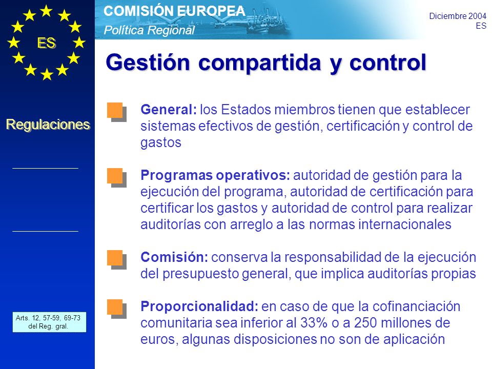 Política Regional COMISIÓN EUROPEA Diciembre 2004 ES Regulaciones Gestión compartida y control Art.