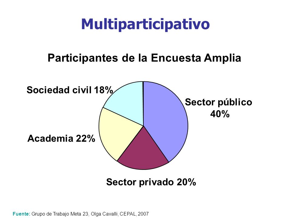 Multiparticipativo Fuente: Grupo de Trabajo Meta 23, Olga Cavalli, CEPAL, 2007 Sector público 40% Sector privado 20% Sociedad civil 18% Academia 22% Participantes de la Encuesta Amplia