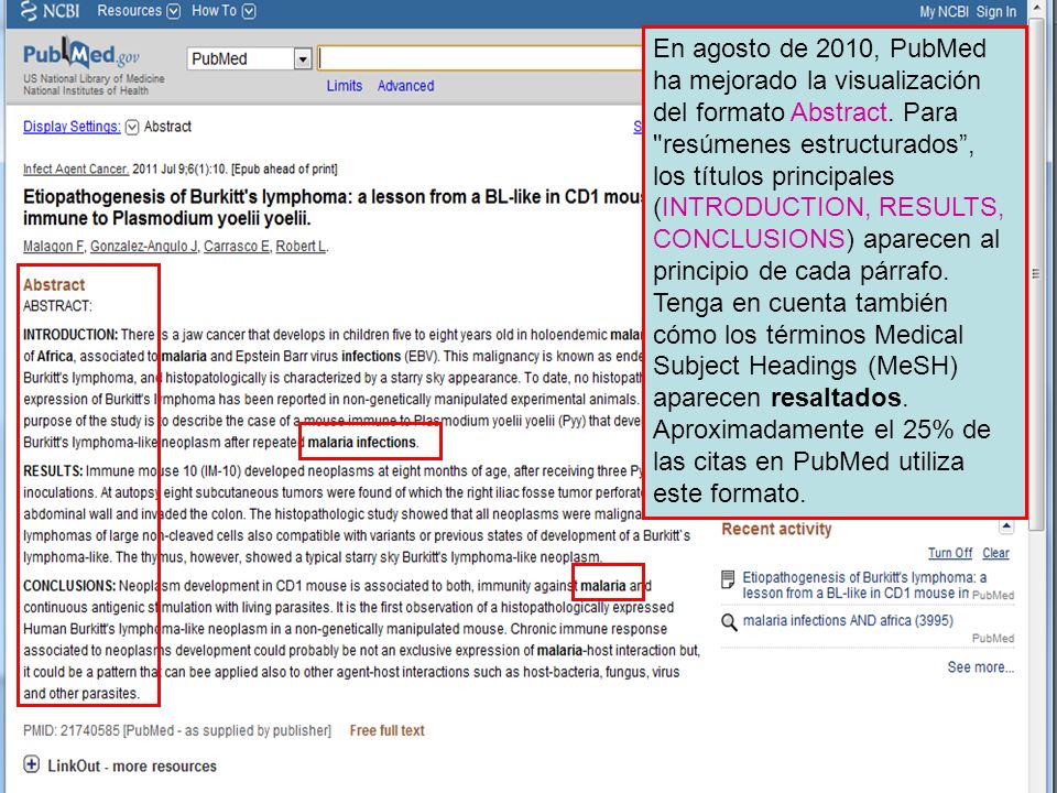 En agosto de 2010, PubMed ha mejorado la visualización del formato Abstract.