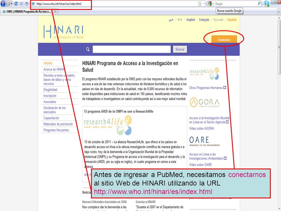 Logging on to HINARI 1 Antes de ingresar a PubMed, necesitamos conectarnos al sitio Web de HINARI utilizando la URL