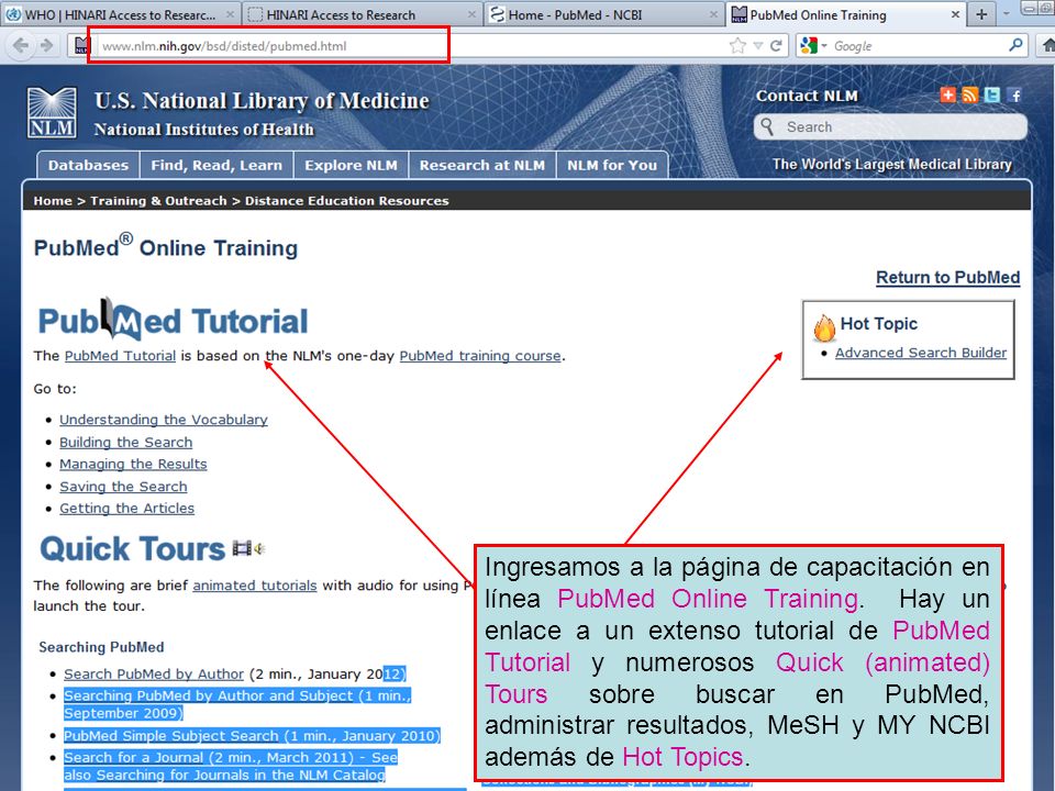 Ingresamos a la página de capacitación en línea PubMed Online Training.