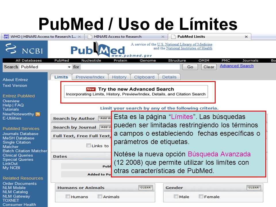 PubMed / Uso de Límites Esta es la página Límites.