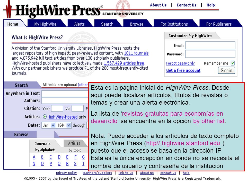 HighWire Press 3 Esta es la página inicial de HighWire Press.