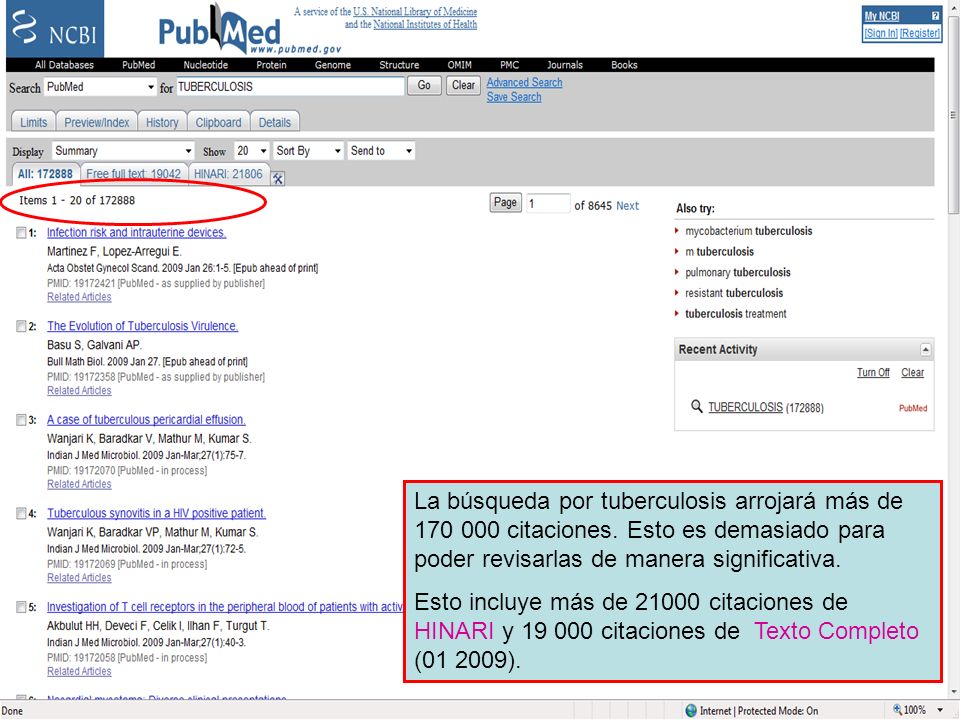 PubMed search results La búsqueda por tuberculosis arrojará más de citaciones.