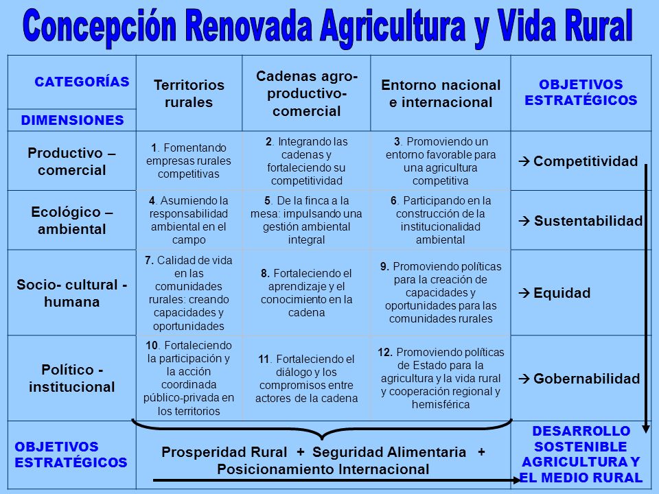 CATEGORÍAS Territorios rurales Cadenas agro- productivo- comercial Entorno nacional e internacional OBJETIVOS ESTRATÉGICOS DIMENSIONES Productivo – comercial 1.