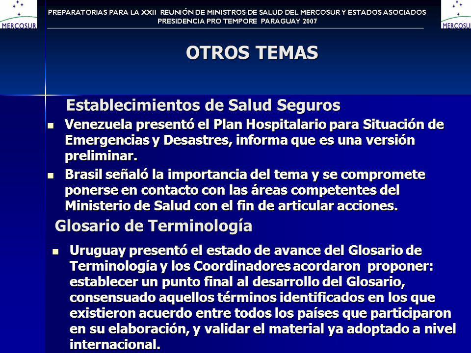 OTROS TEMAS Establecimientos de Salud Seguros Venezuela presentó el Plan Hospitalario para Situación de Emergencias y Desastres, informa que es una versión preliminar.