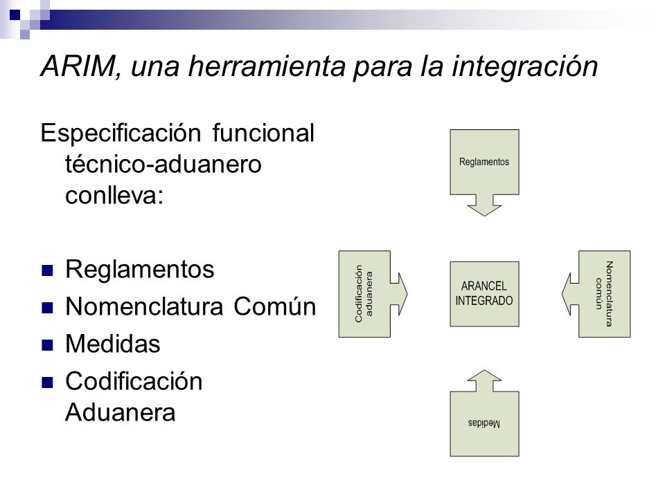 ARIM, una herramienta para la integración Especificación funcional técnico-aduanero conlleva: Reglamentos Nomenclatura Común Medidas Codificación Aduanera