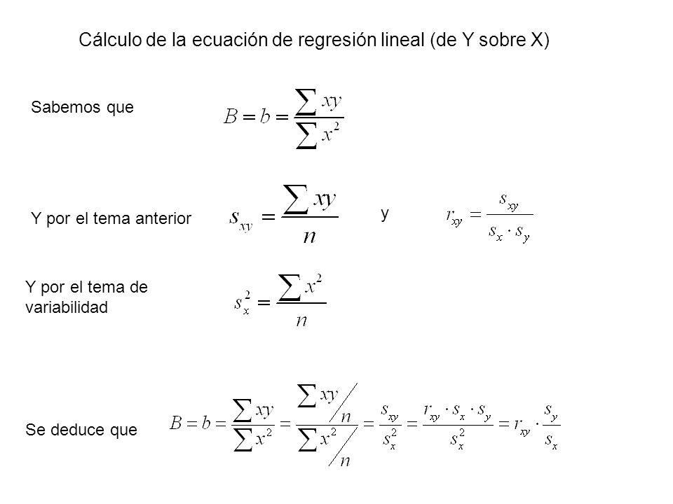 Cálculo de la ecuación de regresión lineal (de Y sobre X) Sabemos que Y por el tema anterior Y por el tema de variabilidad y Se deduce que