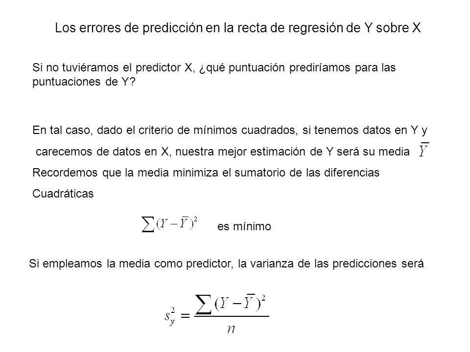 Los errores de predicción en la recta de regresión de Y sobre X Si no tuviéramos el predictor X, ¿qué puntuación prediríamos para las puntuaciones de Y.
