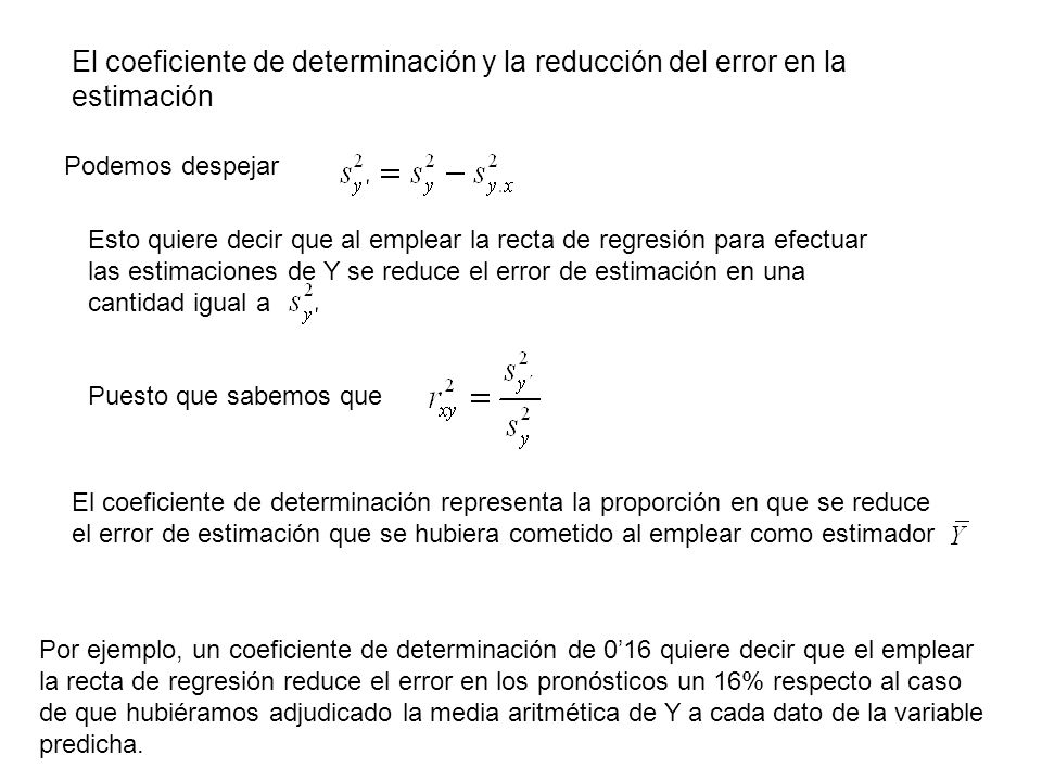 El coeficiente de determinación y la reducción del error en la estimación Podemos despejar Esto quiere decir que al emplear la recta de regresión para efectuar las estimaciones de Y se reduce el error de estimación en una cantidad igual a Puesto que sabemos que El coeficiente de determinación representa la proporción en que se reduce el error de estimación que se hubiera cometido al emplear como estimador Por ejemplo, un coeficiente de determinación de 016 quiere decir que el emplear la recta de regresión reduce el error en los pronósticos un 16% respecto al caso de que hubiéramos adjudicado la media aritmética de Y a cada dato de la variable predicha.