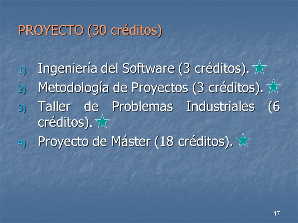 17 PROYECTO (30 créditos) 1) Ingeniería del Software (3 créditos).