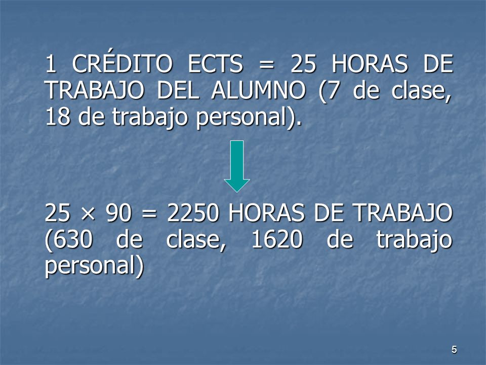 5 1 CRÉDITO ECTS = 25 HORAS DE TRABAJO DEL ALUMNO (7 de clase, 18 de trabajo personal).