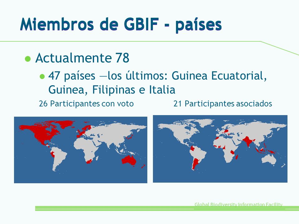 Global Biodiversity Information Facility Miembros de GBIF - países l Actualmente 78 l 47 países los últimos: Guinea Ecuatorial, Guinea, Filipinas e Italia 26 Participantes con voto21 Participantes asociados