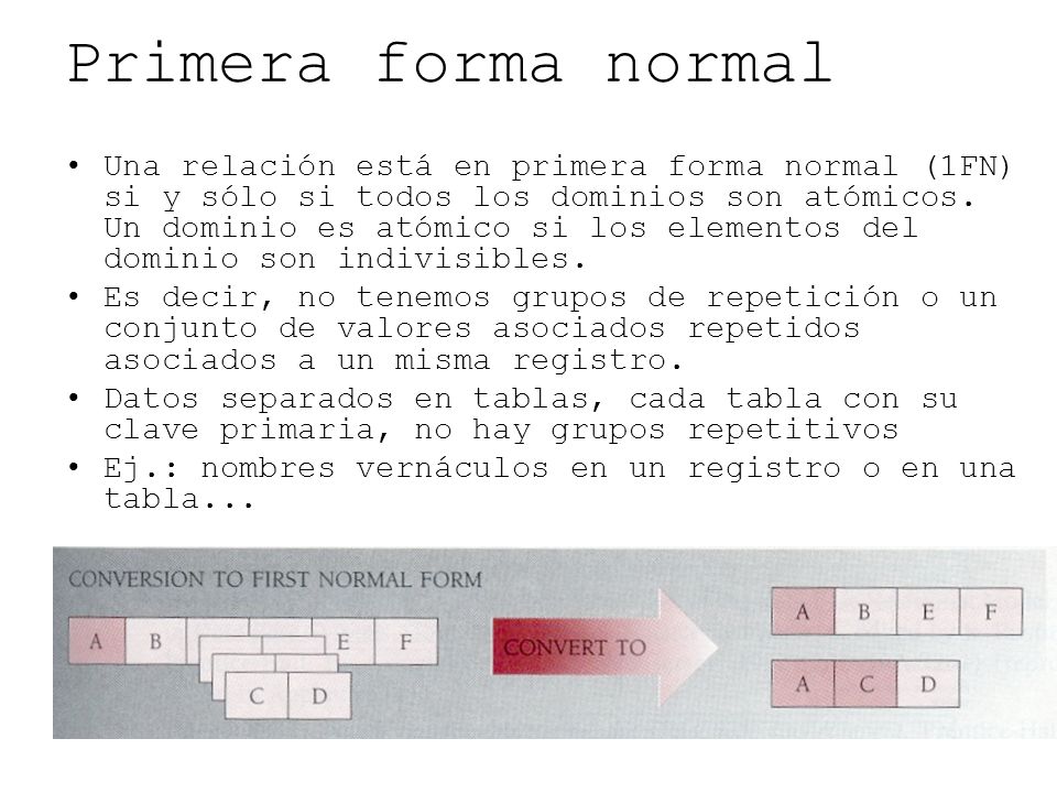 Primera forma normal Una relación está en primera forma normal (1FN) si y sólo si todos los dominios son atómicos.