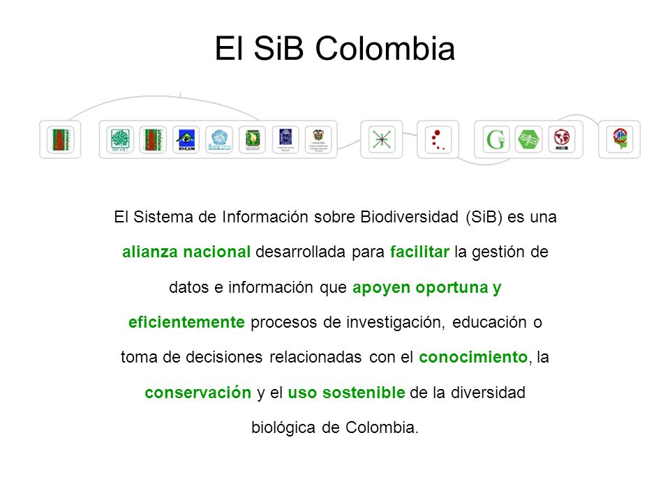 El Sistema de Información sobre Biodiversidad (SiB) es una alianza nacional desarrollada para facilitar la gestión de datos e información que apoyen oportuna y eficientemente procesos de investigación, educación o toma de decisiones relacionadas con el conocimiento, la conservación y el uso sostenible de la diversidad biológica de Colombia.