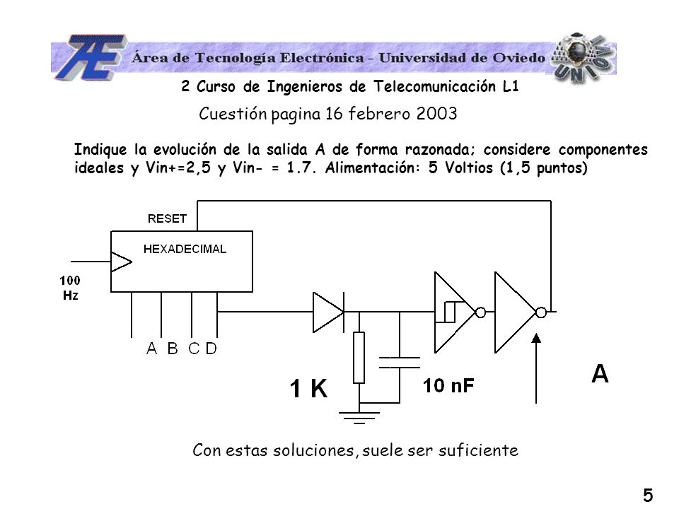 2 Curso de Ingenieros de Telecomunicación L1 5 Cuestión pagina 16 febrero 2003 Indique la evolución de la salida A de forma razonada; considere componentes ideales y Vin+=2,5 y Vin- = 1.7.