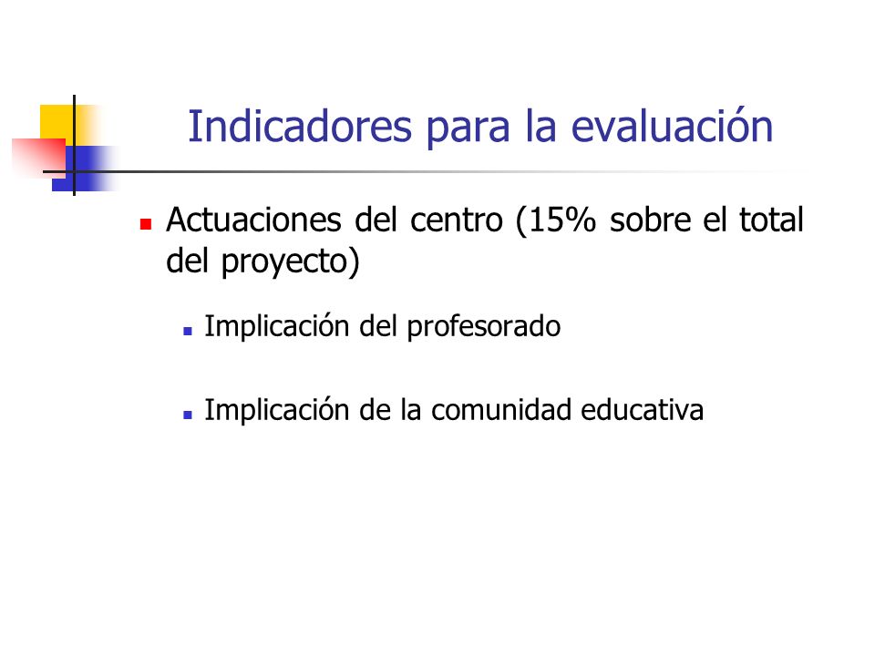 Actuaciones del centro (15% sobre el total del proyecto) Implicación del profesorado Implicación de la comunidad educativa Indicadores para la evaluación