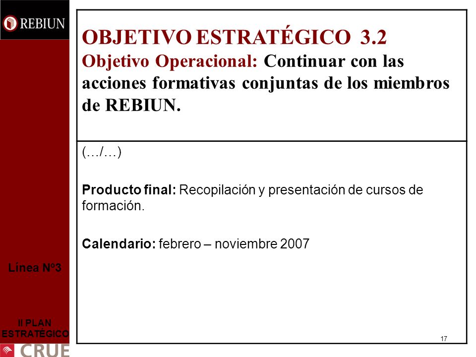 17 Línea Nº3 II PLAN ESTRATÉGICO OBJETIVO ESTRATÉGICO 3.2 Objetivo Operacional: Continuar con las acciones formativas conjuntas de los miembros de REBIUN.