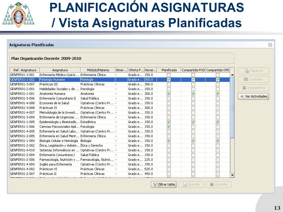 PLANIFICACIÓN ASIGNATURAS / Vista Asignaturas Planificadas 13