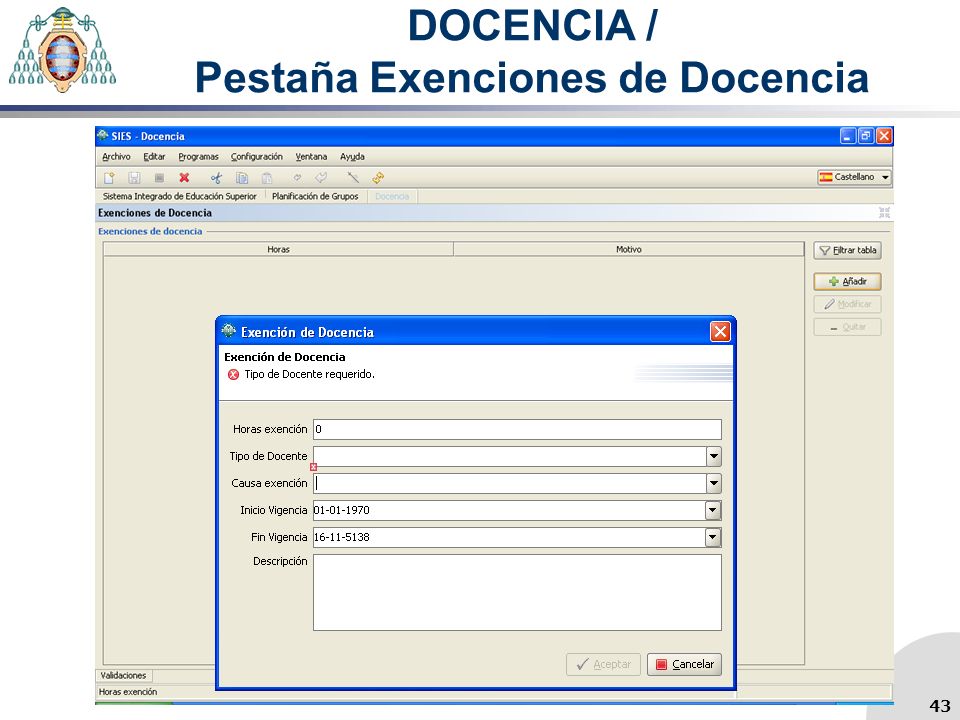 DOCENCIA / Pestaña Exenciones de Docencia 43