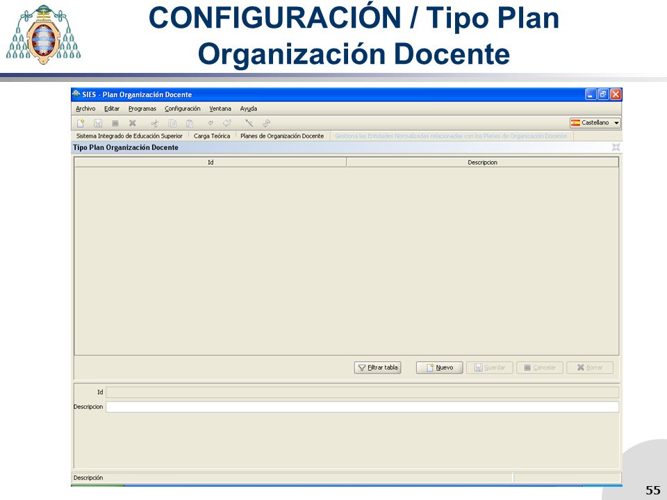 CONFIGURACIÓN / Tipo Plan Organización Docente 55