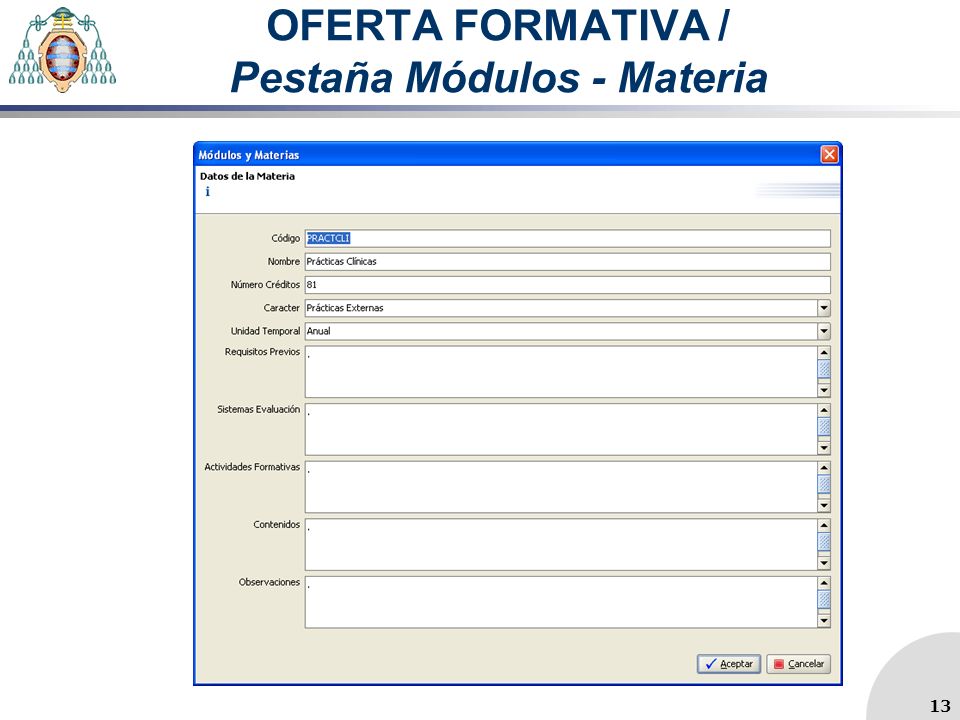 OFERTA FORMATIVA / Pestaña Módulos - Materia 13