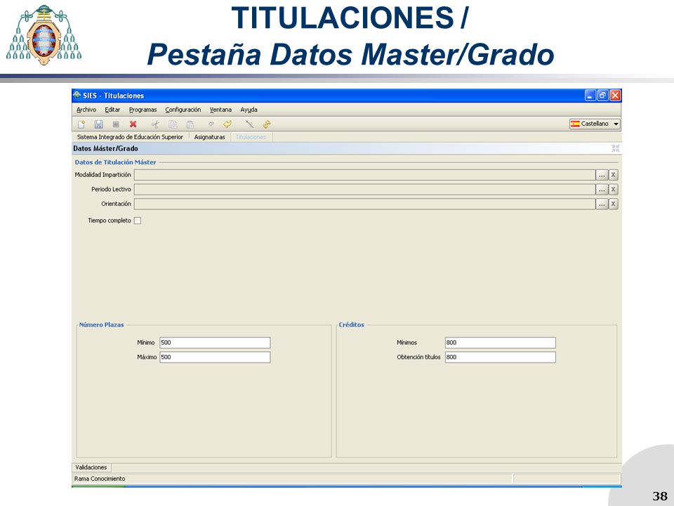 TITULACIONES / Pestaña Datos Master/Grado 38
