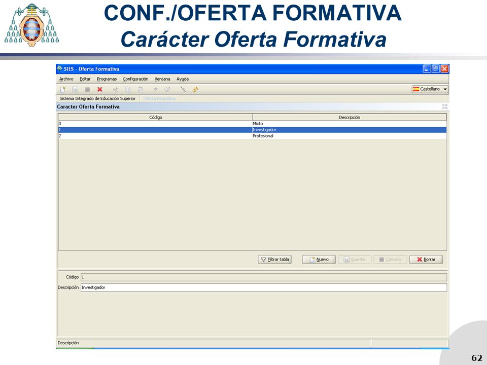 CONF./OFERTA FORMATIVA Carácter Oferta Formativa 62