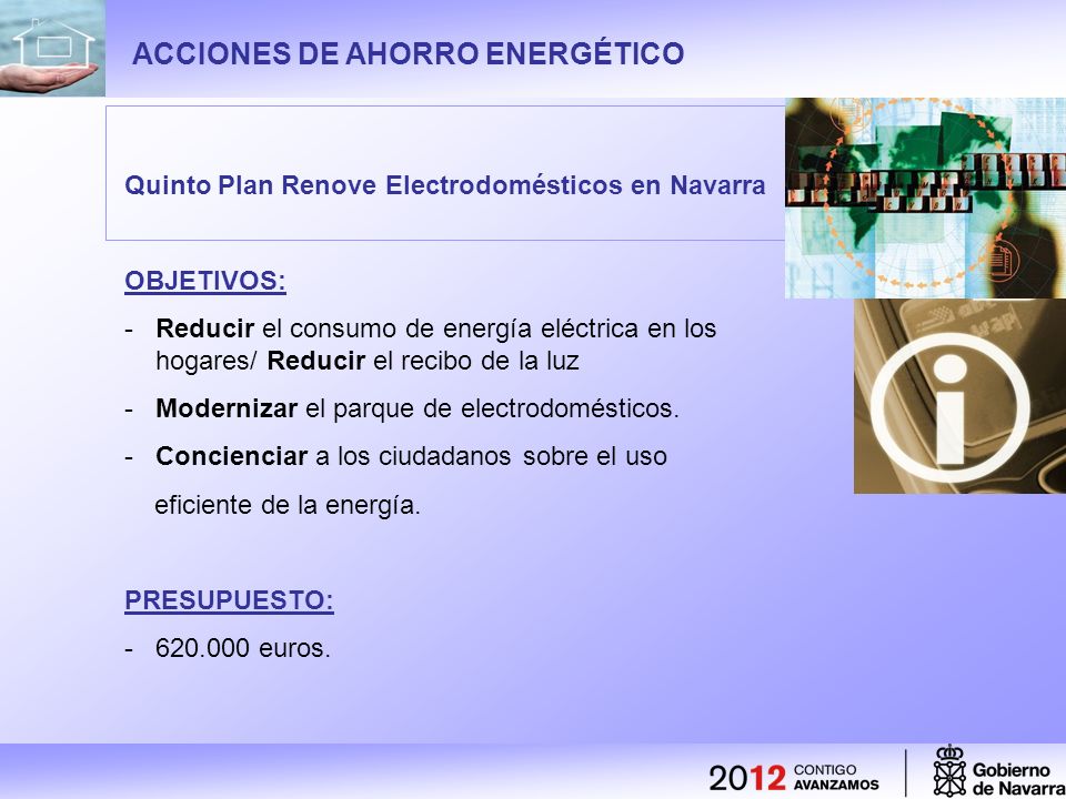 ACCIONES DE AHORRO ENERGÉTICO Quinto Plan Renove Electrodomésticos en Navarra OBJETIVOS: -Reducir el consumo de energía eléctrica en los hogares/ Reducir el recibo de la luz -Modernizar el parque de electrodomésticos.