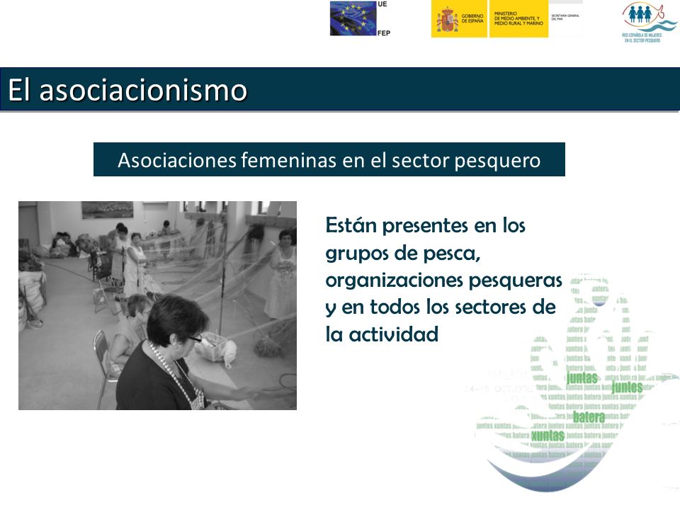 El asociacionismo Asociaciones femeninas en el sector pesquero Están presentes en los grupos de pesca, organizaciones pesqueras y en todos los sectores de la actividad
