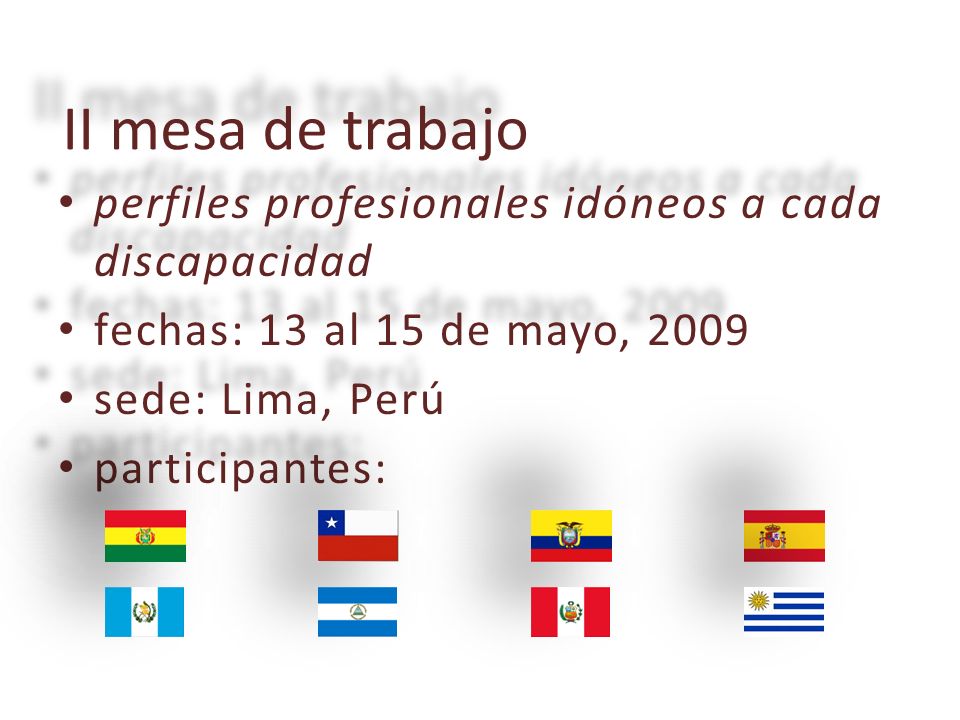 II mesa de trabajo perfiles perfiles profesionales idóneos a cada discapacidad fechas: fechas: 13 al 15 de mayo, 2009 sede: sede: Lima, Perú participantes: participantes: