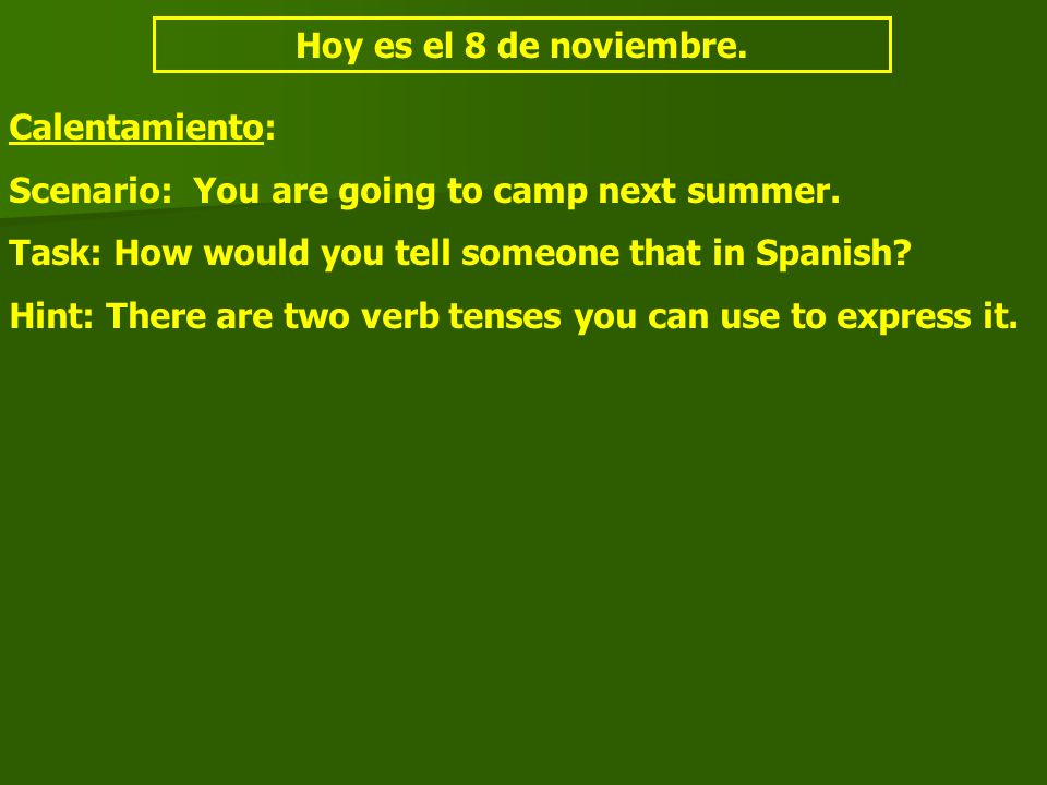 Hoy es el 8 de noviembre. Calentamiento: Scenario: You are going to camp next summer.