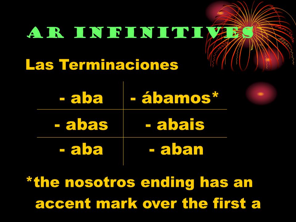 AR Infinitives - aba - abas - aba - ábamos* - abais - aban Las Terminaciones *the nosotros ending has an accent mark over the first a