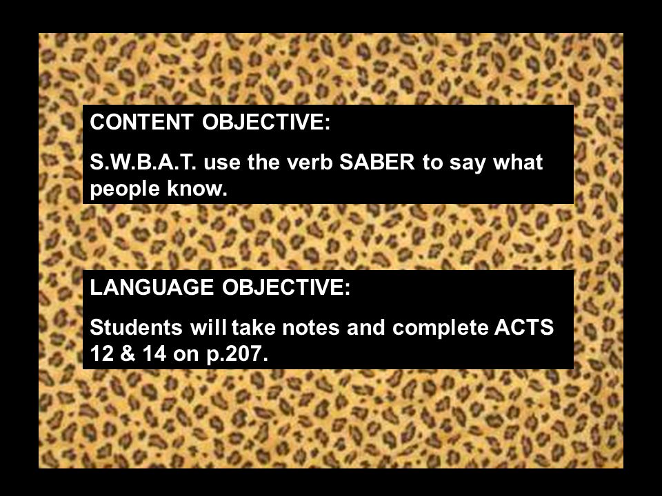 CONTENT OBJECTIVE: S.W.B.A.T. use the verb SABER to say what people know.
