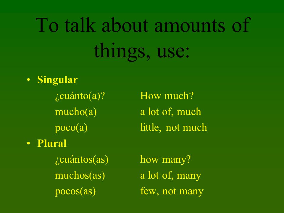 To talk about amounts of things, use: Singular ¿cuánto(a) How much.