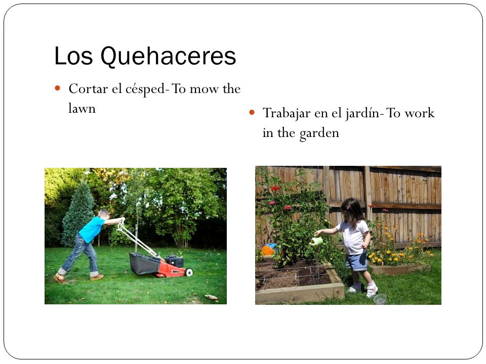 Los Quehaceres Cortar el césped- To mow the lawn Trabajar en el jardín- To work in the garden