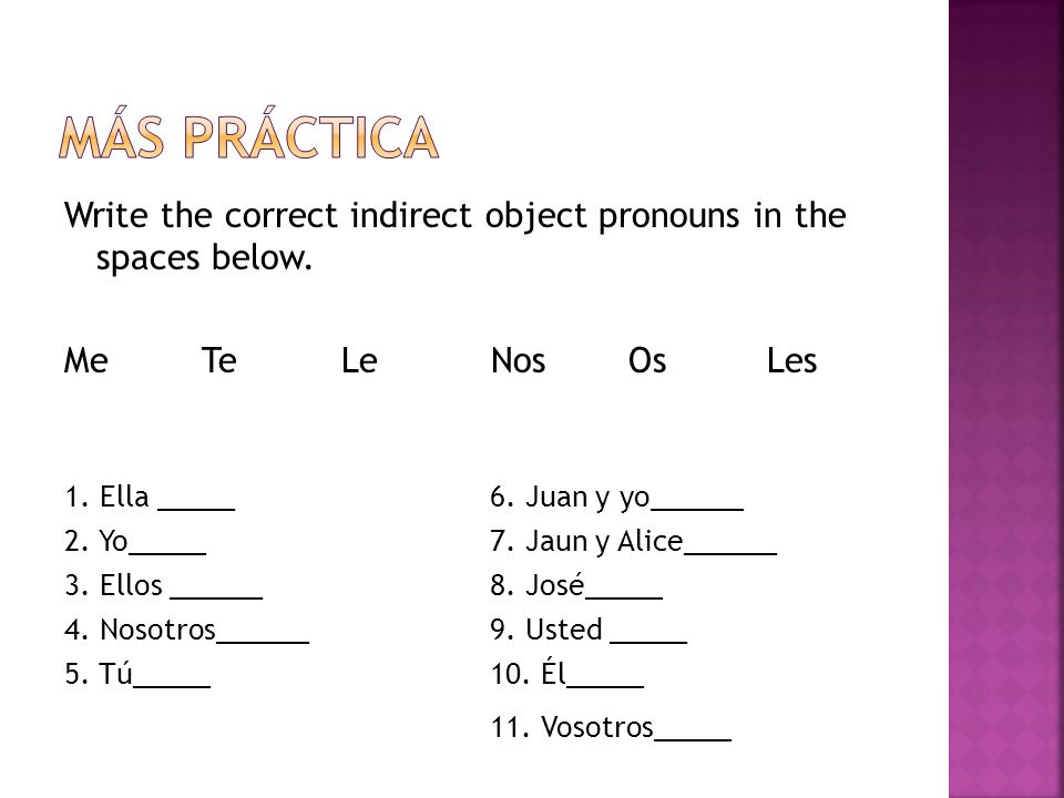 Write the correct indirect object pronouns in the spaces below.