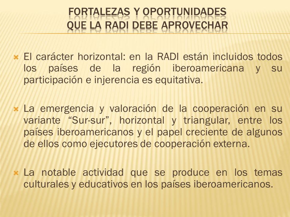 El carácter horizontal: en la RADI están incluidos todos los países de la región iberoamericana y su participación e injerencia es equitativa.