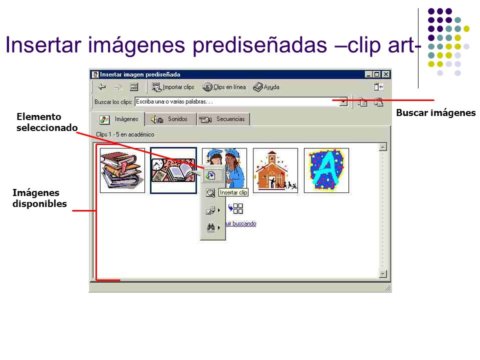 Insertar imágenes prediseñadas –clip art- Elemento seleccionado Buscar imágenes Imágenes disponibles