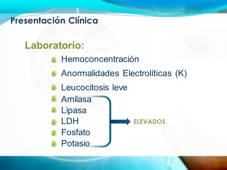 Presentación Clínica Laboratorio: Hemoconcentración Anormalidades Electrolíticas (K) Leucocitosis leve Amilasa Lipasa LDH Fosfato Potasio ELEVADOS