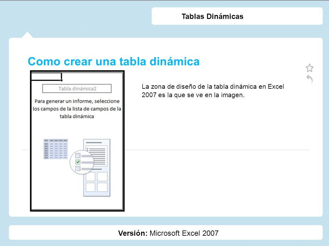 Como crear una tabla dinámica Versión: Microsoft Excel 2007 Tablas Dinámicas La zona de diseño de la tabla dinámica en Excel 2007 es la que se ve en la imagen.