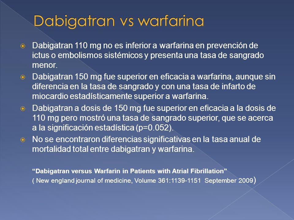 Dabigatran 110 mg no es inferior a warfarina en prevención de ictus o embolismos sistémicos y presenta una tasa de sangrado menor.