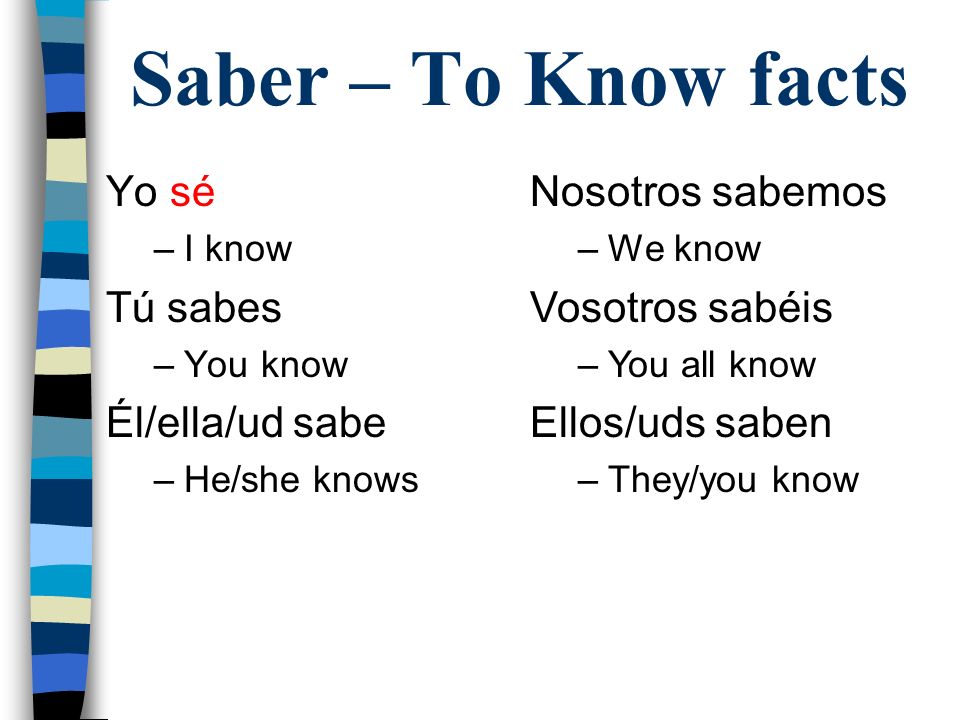 Saber – To Know facts Yo sé –I know Tú sabes –You know Él/ella/ud sabe –He/she knows Nosotros sabemos –We know Vosotros sabéis –You all know Ellos/uds saben –They/you know