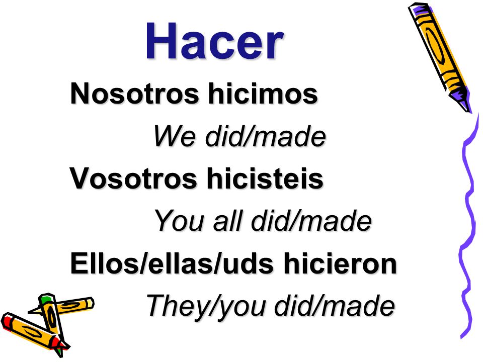 Hacer Nosotros hicimos We did/made We did/made Vosotros hicisteis You all did/made You all did/made Ellos/ellas/uds hicieron They/you did/made They/you did/made