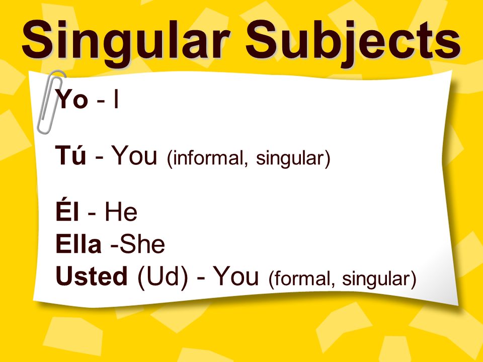 Singular Subjects Yo - I Tú - You (informal, singular) Él - He Ella -She Usted (Ud) - You (formal, singular)