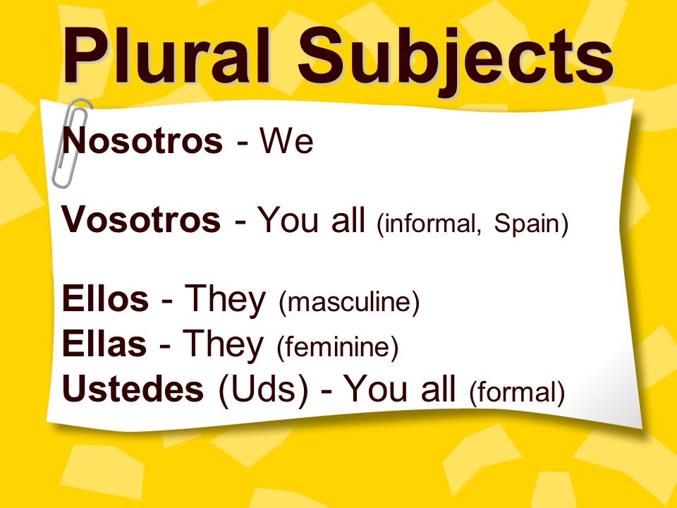 Plural Subjects Nosotros - We Vosotros - You all (informal, Spain) Ellos - They (masculine) Ellas - They (feminine) Ustedes (Uds) - You all (formal)