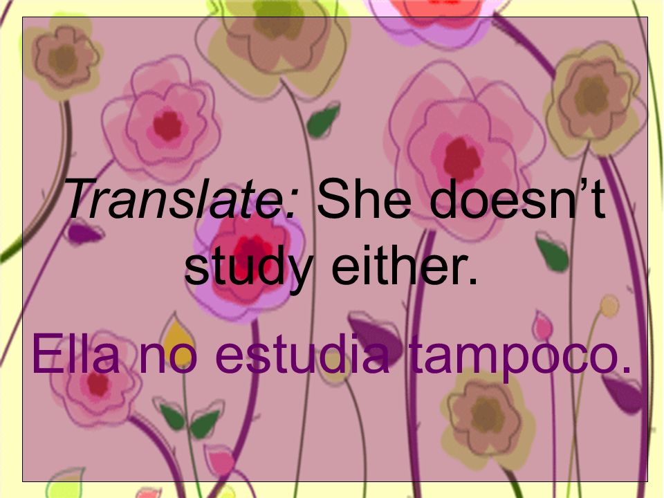 Translate: She doesnt study either. Ella no estudia tampoco.